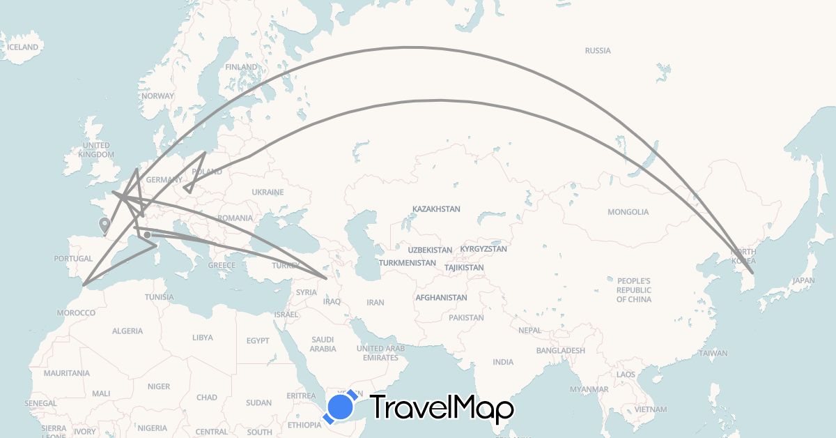 TravelMap itinerary: driving, plane in Belarus, Switzerland, Czech Republic, France, Iraq, South Korea, Morocco, Macedonia, Netherlands, Poland, Kosovo (Africa, Asia, Europe)